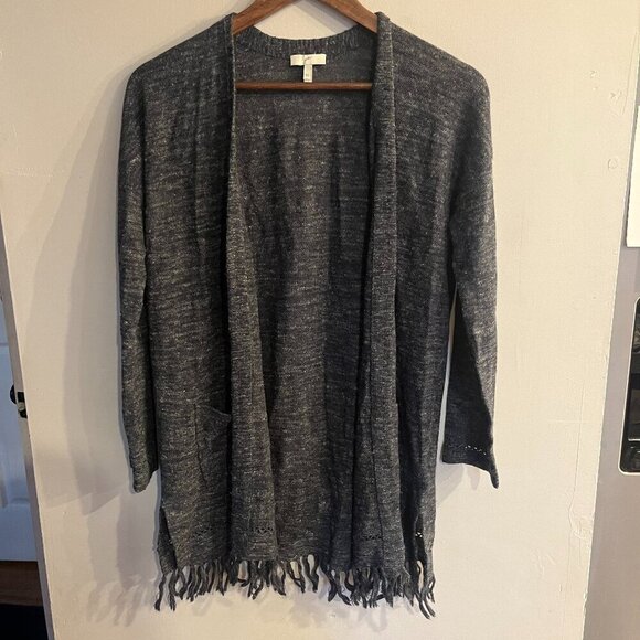 JOIE Women's Dark Gray Wool Linen Blend Open Front Fringe Hem Long Cardigan - Picture 1 of 5